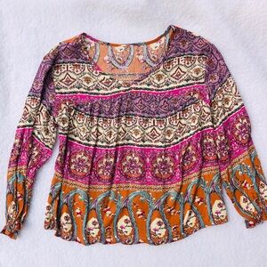 Boho Print Peasant Top in Pink, Purple & Orange